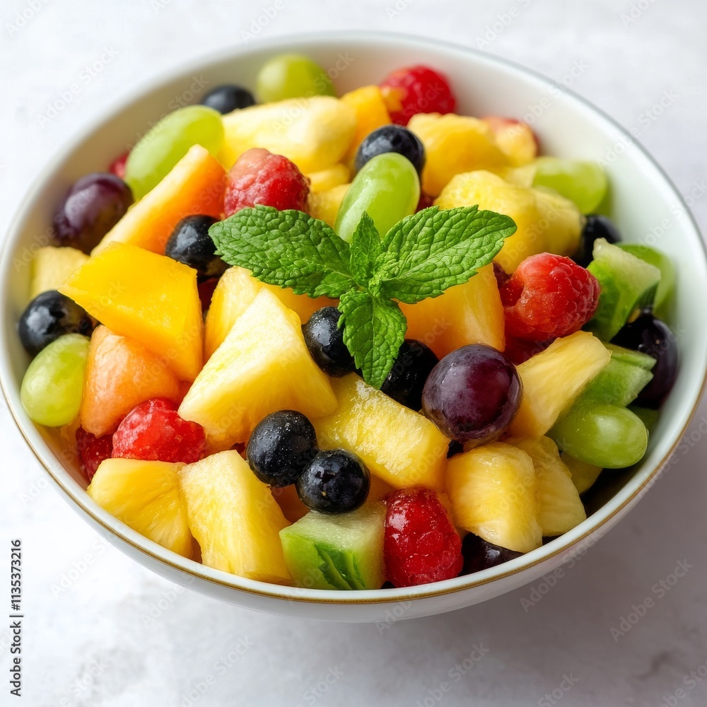 A refreshing bowl of mixed fruit salad featuring pineapple, grapes, melon A refreshing bowl of mixed fruit salad featuring pineapple, grapes, melon