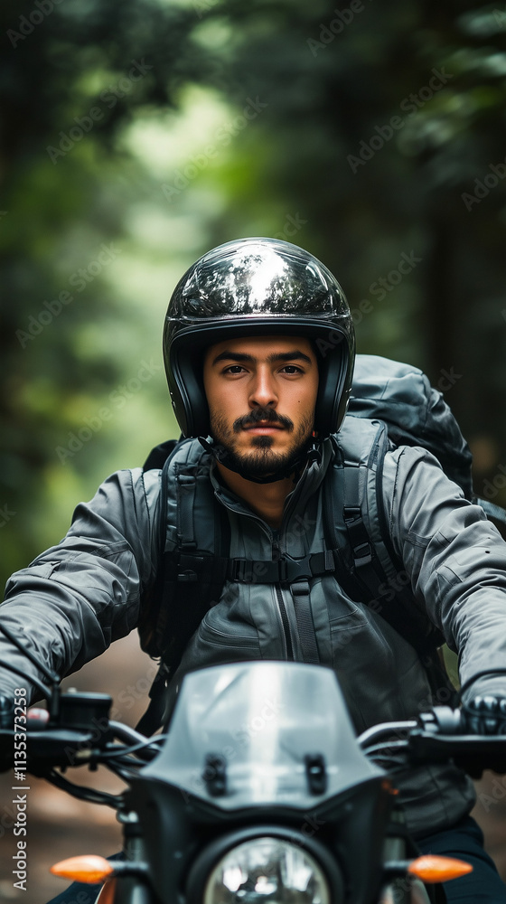 Male motorcyclist in protective gear navigating a forest trail Male motorcyclist in protective gear navigating a forest trail