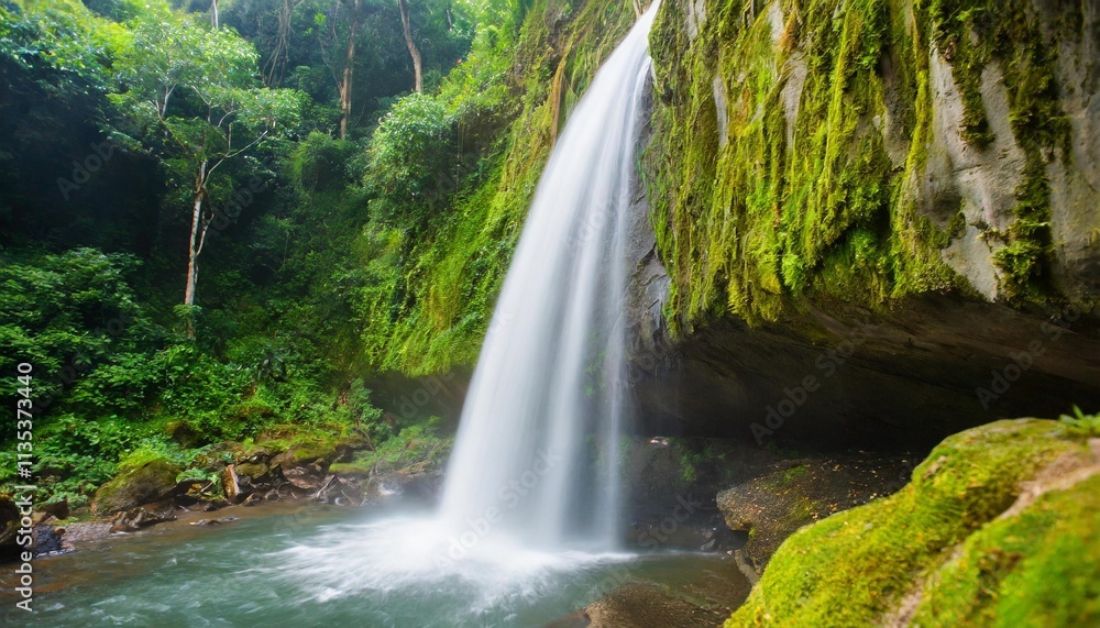 Obraz premium Majestic Waterfall Hidden Within Moss-Covered Cliffs in Lush Tropical Valley