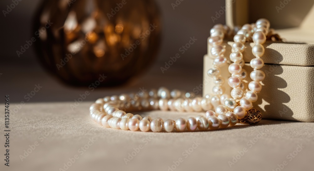 Elegant pearl necklaces on fabric near jewelry box in soft light Elegant pearl necklaces on fabric near jewelry box in soft light