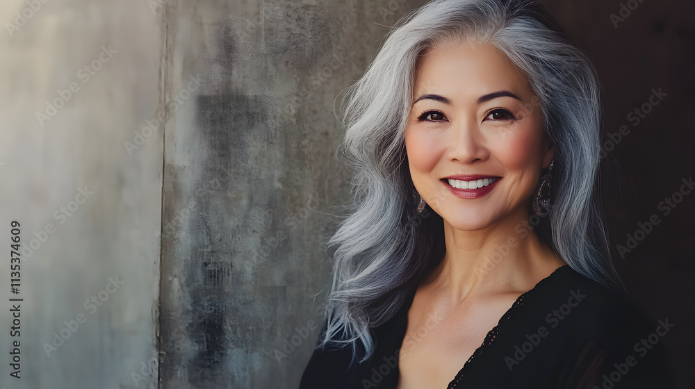 Beautiful older Asian woman smiling against a wall Beautiful older Asian woman smiling against a wall