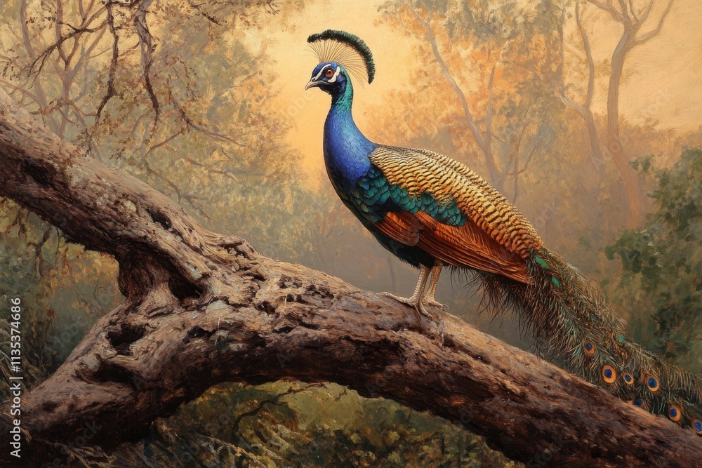Indian peafowl perching on dead tree Indian peafowl perching on dead tree