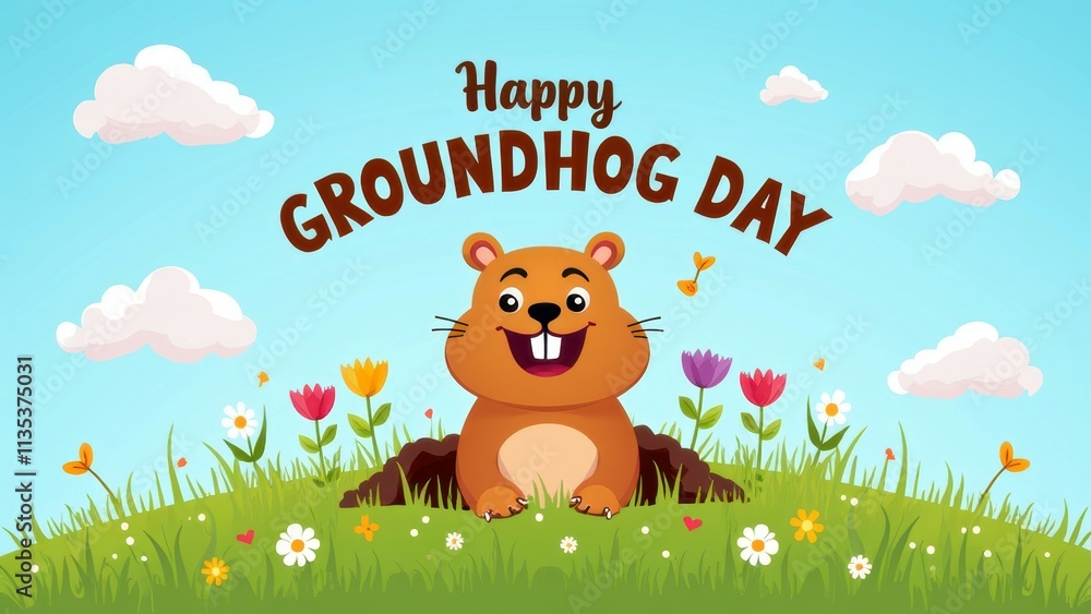 Cheerful groundhog celebrating in a colorful flower field on groundhog day Cheerful groundhog celebrating in a colorful flower field on groundhog day