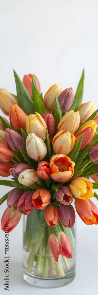 A vibrant bouquet of tulips in a clear glass vase, showcasing a rainbow of colors, petals, cheerful, plant