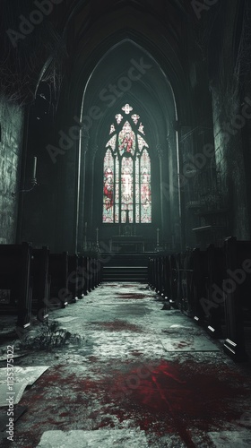 A dimly lit gothic cathedral with dramatic stained glass windows, casting an eerie glow over a blood-stained aisle. A chilling scene for horror or dark-themed storytelling.. AI Generation