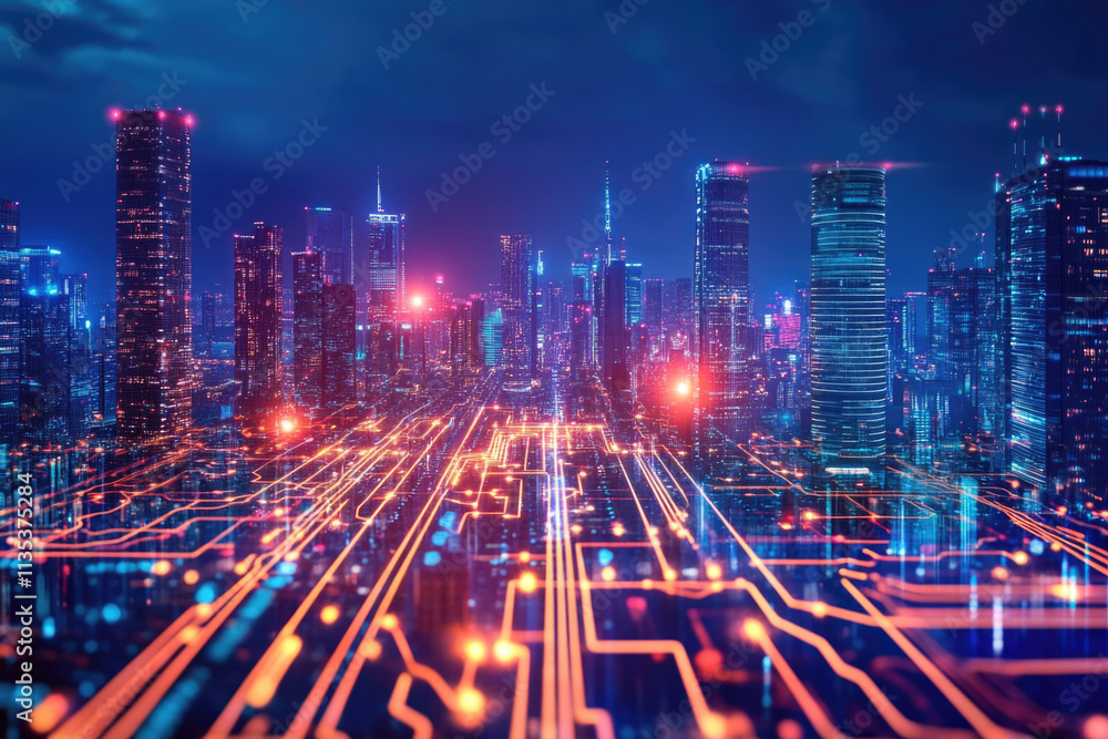Fototapeta premium Dynamic futuristic city bathed in vibrant neon lights, where advanced technology and innovative urban design come together. Glowing structures create high-tech ambiance, for modern sci-fi concepts