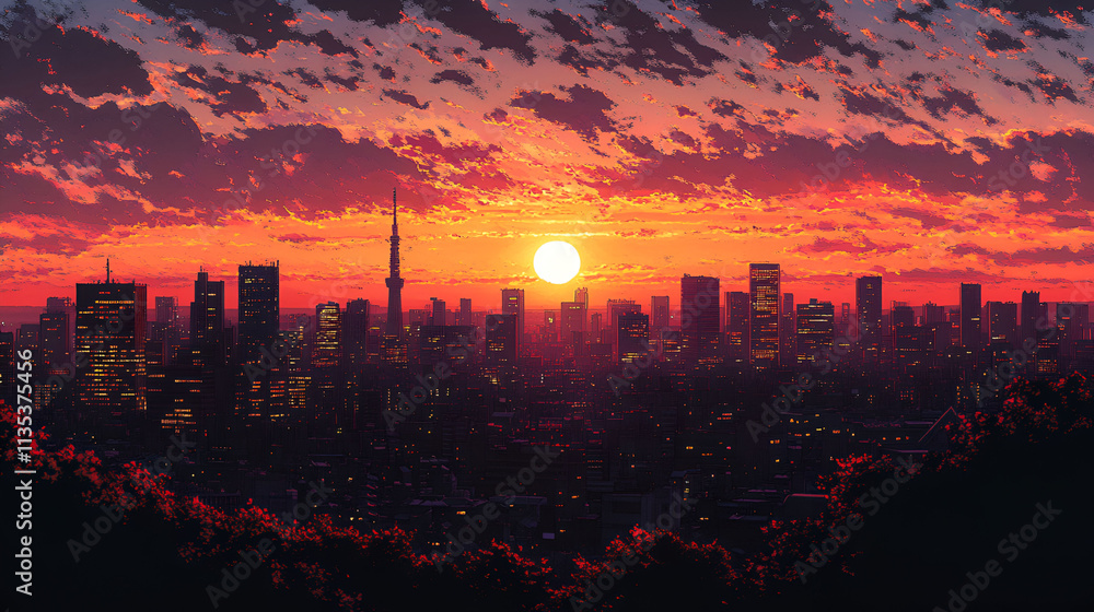 Fototapeta premium Cityscape Sunset Dramatic Skyline Burning Orange Hues