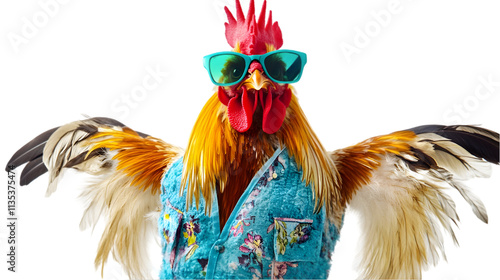 Cool Rooster in Sunglasses and Hawaiian Shirt  Funny Farm Animal Photo