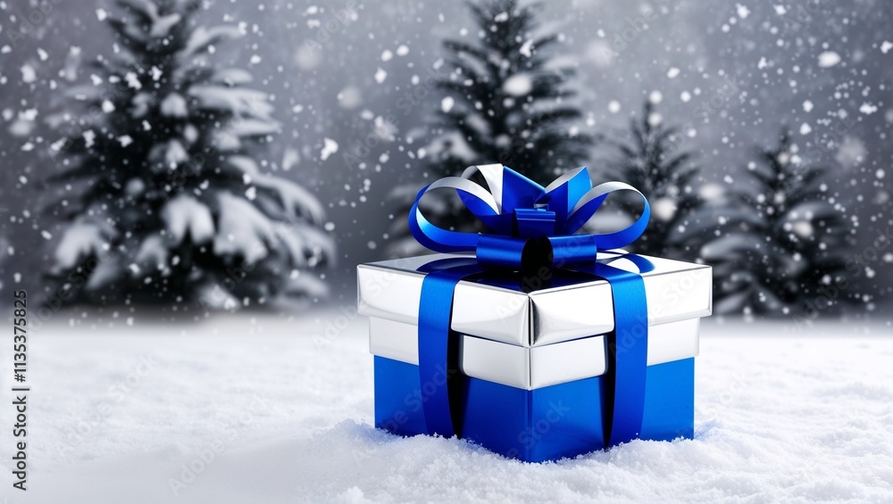 Snowy backdrop with a single, elegantly wrapped gift box in silver and blue. Snowy backdrop with a single, elegantly wrapped gift box in silver and blue.