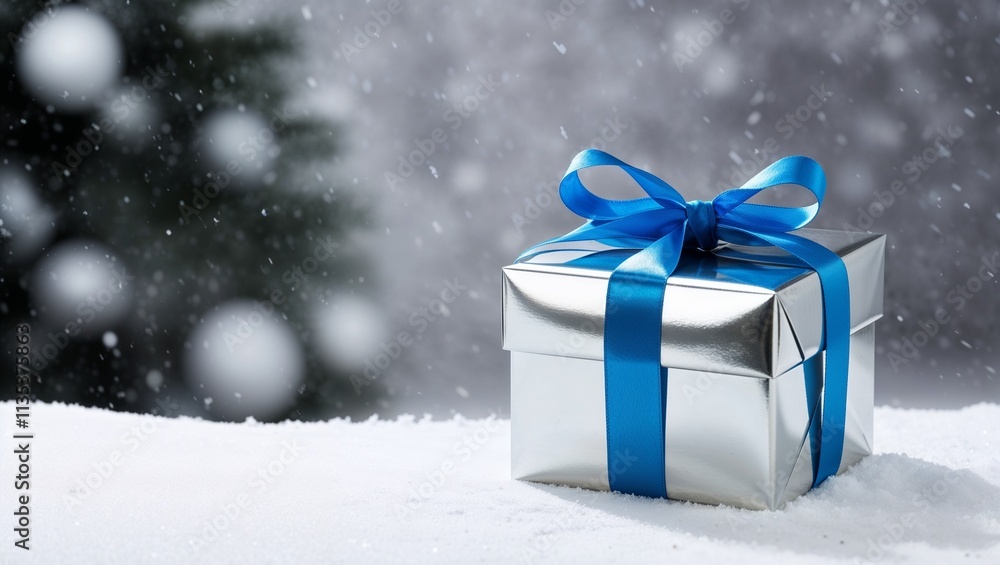 Snowy backdrop with a single, elegantly wrapped gift box in silver and blue. Snowy backdrop with a single, elegantly wrapped gift box in silver and blue.