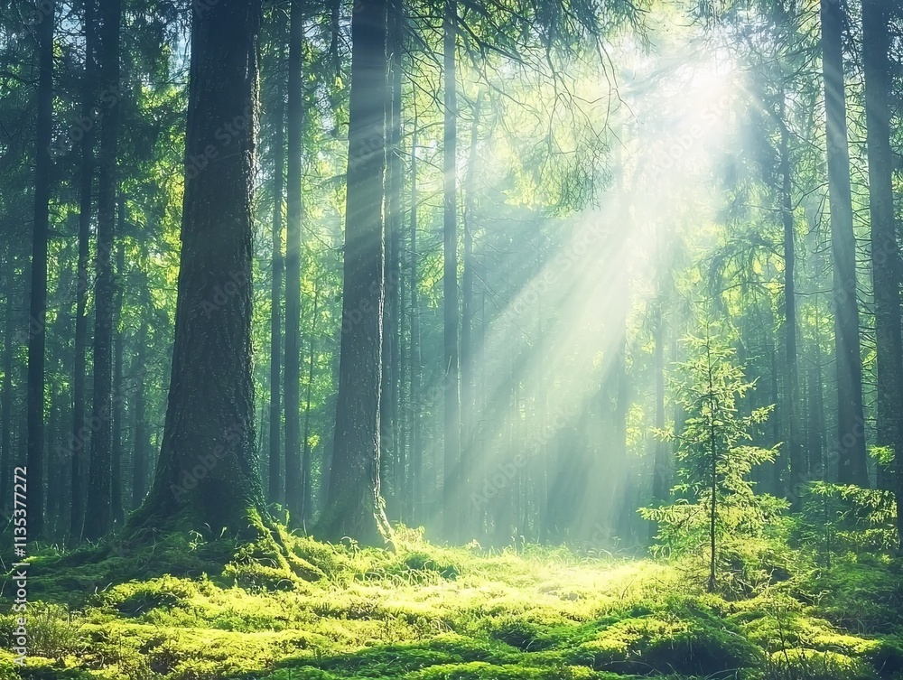 Obraz premium Sunlight filters through trees in a serene forest setting.