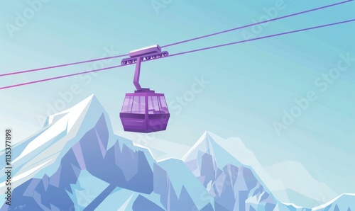 Purple cable car ascending a mountain against a simple blue sky. Vector illustration.