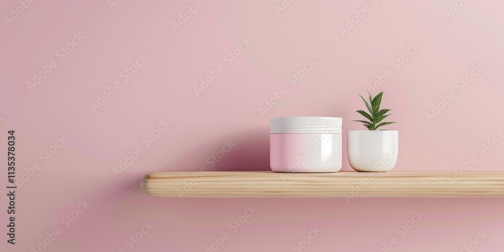 Simple white cream container on a floating wooden shelf, with a soft pink background, 4K hyperrealistic photo. Simple white cream container on a floating wooden shelf, with a soft pink background, 4K hyperrealistic photo.