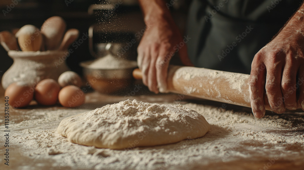 Hands kneading dough and rolling it out in a rustic kitchen setting with fresh ingredients Hands kneading dough and rolling it out in a rustic kitchen setting with fresh ingredients