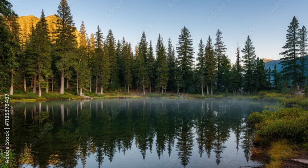 Peaceful forest lake with pine trees reflecting in water Peaceful forest lake with pine trees reflecting in water