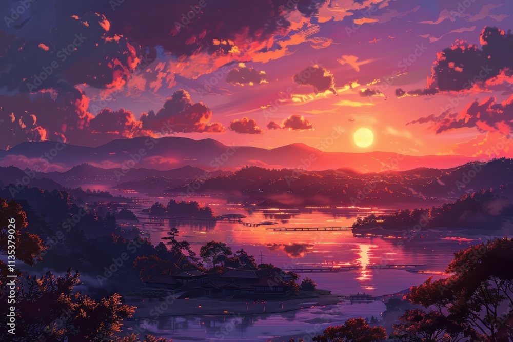 Naklejka premium Artistic illustration of Japan at dusk