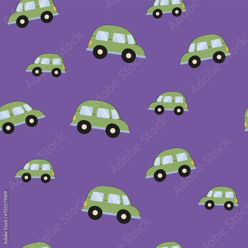 Colorful pattern of cartoon cars on a purple background showcasing a whimsical design