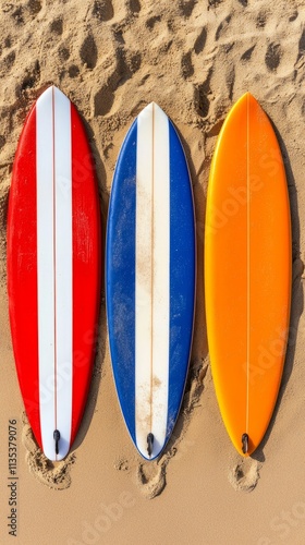 Three Vibrant Surfboards Resting on Sandy Beach photo