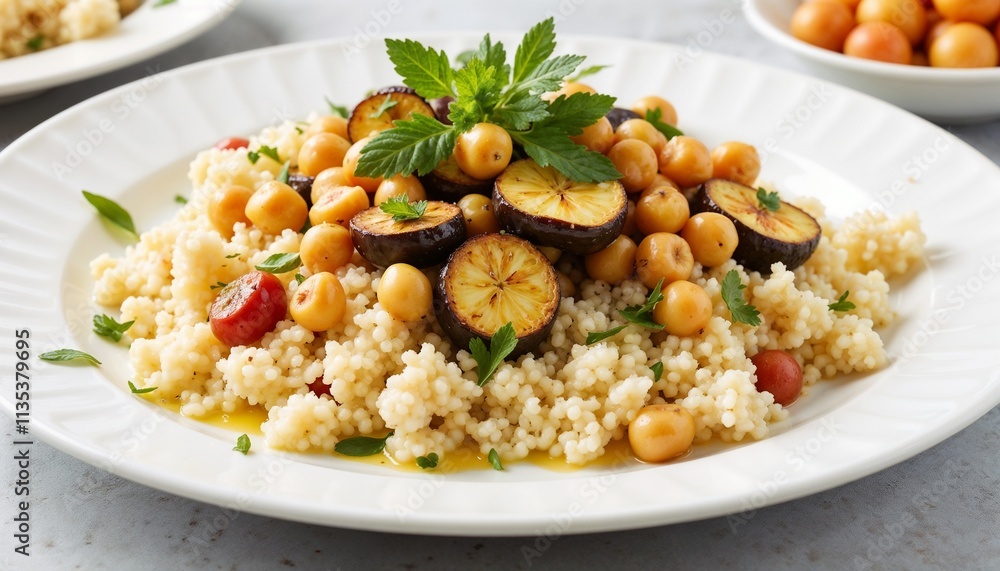 Couscous on a plate with roasted zucchini, eggplant, and chickpeas Couscous on a plate with roasted zucchini, eggplant, and chickpeas