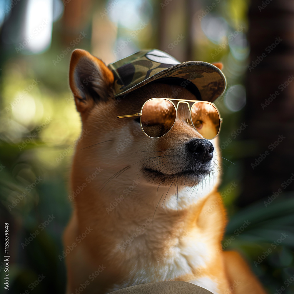 Cool shiba dog wearing sunglasses and hat in a trendy forest fashion photo Cool shiba dog wearing sunglasses and hat in a trendy forest fashion photo