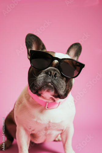 Wallpaper Mural Adorable bulldog wearing sunglasses and pink collar in a cute pet fashion portrait Torontodigital.ca