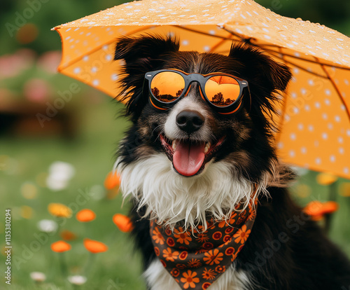 Happy dog with sunglasses and bandana under an umbrella in colorful outdoor flower garden