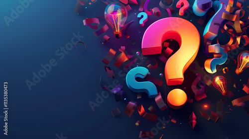 Question Mark Explosion: A vibrant burst of colorful 3D question marks against a deep blue backdrop, suggesting curiosity, inquiry, and the pursuit of knowledge.