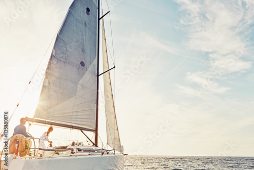 People, sailor and control sailboat at sea for holiday travel, sailing adventure or sightseeing nature in summer. Helmsman, space and mature couple on yacht together for ocean ride and vacation break photo