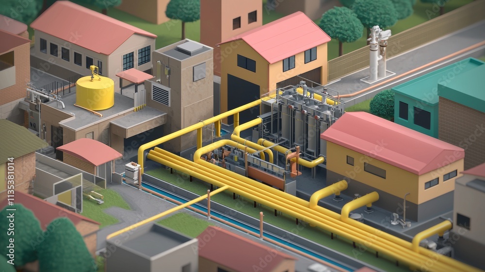 Industrial complex with yellow pipelines and storage tanks in an urban setting during daylight Industrial complex with yellow pipelines and storage tanks in an urban setting during daylight