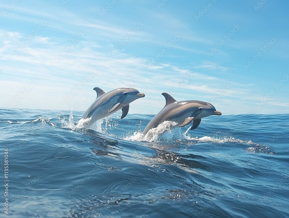 Fototapeta premium Two dolphins leaping out of the ocean against a clear blue sky.