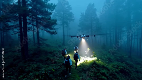 Rescue drone guiding lost hikers in dense foggy woods.