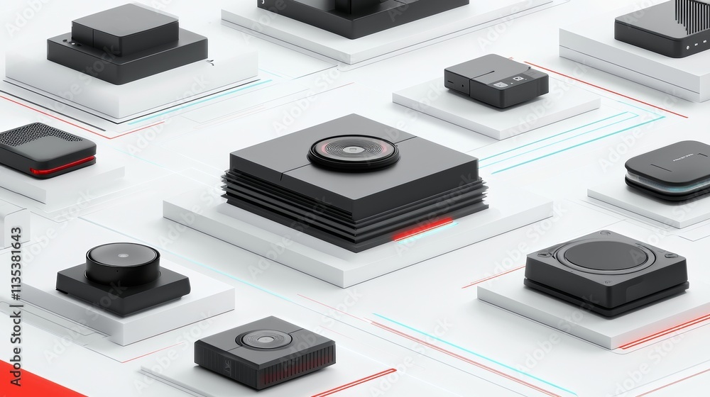 Modern electronics and gadgets arranged in an artistic layout with contrasting colors and clean design Modern electronics and gadgets arranged in an artistic layout with contrasting colors and clean design