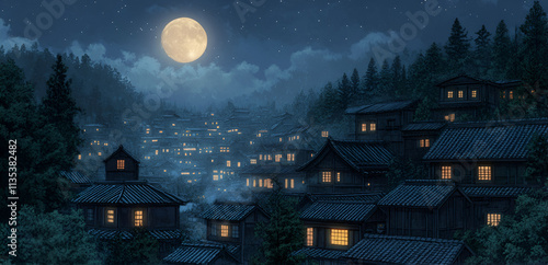 Moonlit Village nestled among dark forest trees at night