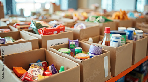 Donation drive at a community center with organized boxes of food and supplies during the afternoon hours