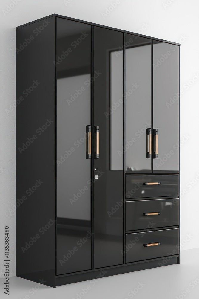 Modern black wardrobe with three sliding doors and three drawers, gold handles. Modern black wardrobe with three sliding doors and three drawers, gold handles.