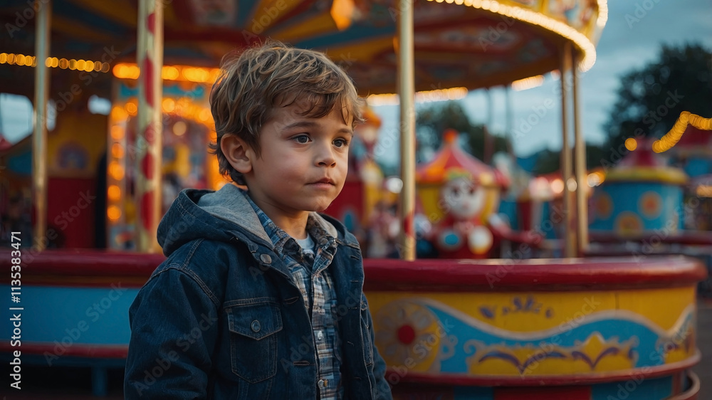 Child enjoys a quiet moment at a carnival during twilight surrounded by colorful attractions and merry-go-rounds Child enjoys a quiet moment at a carnival during twilight surrounded by colorful attractions and merry-go-rounds