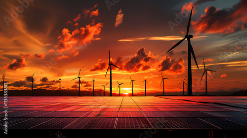 Wind Farm Sunset: A dramatic panorama showcasing a wind farm silhouetted against a vibrant sunset sky. Crimson hues paint the clouds, reflecting on the vastness of the landscape. photo