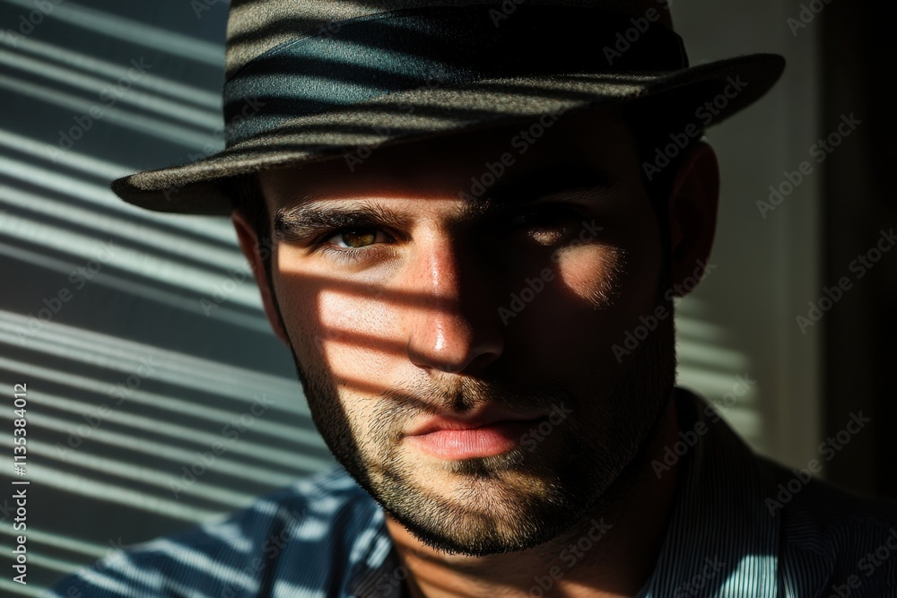 Portrait of young man wearing a fedora in light and shadow Portrait of young man wearing a fedora in light and shadow