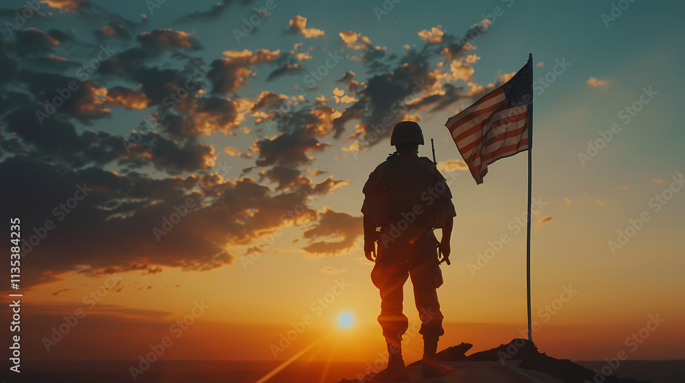 Silhouette of Soldier at Sunset: A lone soldier stands silhouetted against a vibrant sunset, with an American flag waving gently in the breeze. The image evokes feelings of patriotism, sacrifice. Silhouette of Soldier at Sunset: A lone soldier stands silhouetted against a vibrant sunset, with an American flag waving gently in the breeze. The image evokes feelings of patriotism, sacrifice.