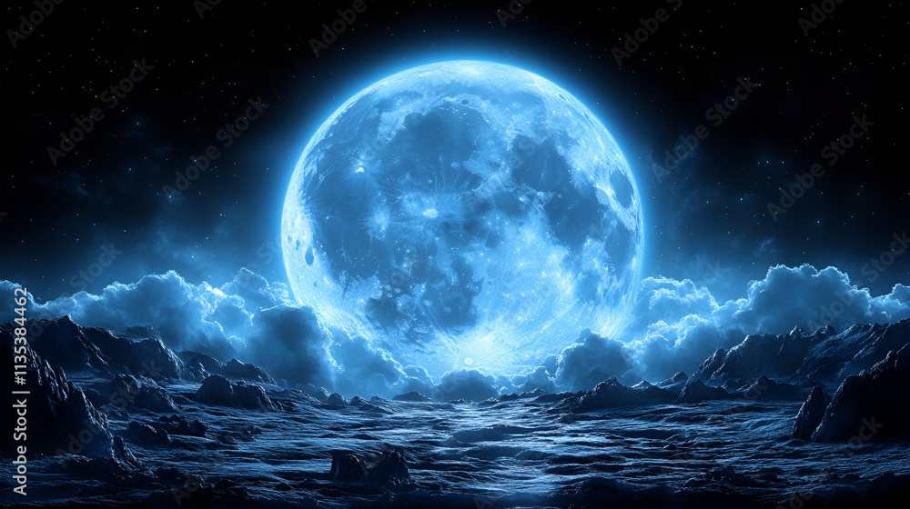 Blue Moon Over Alien Landscape Night Sky