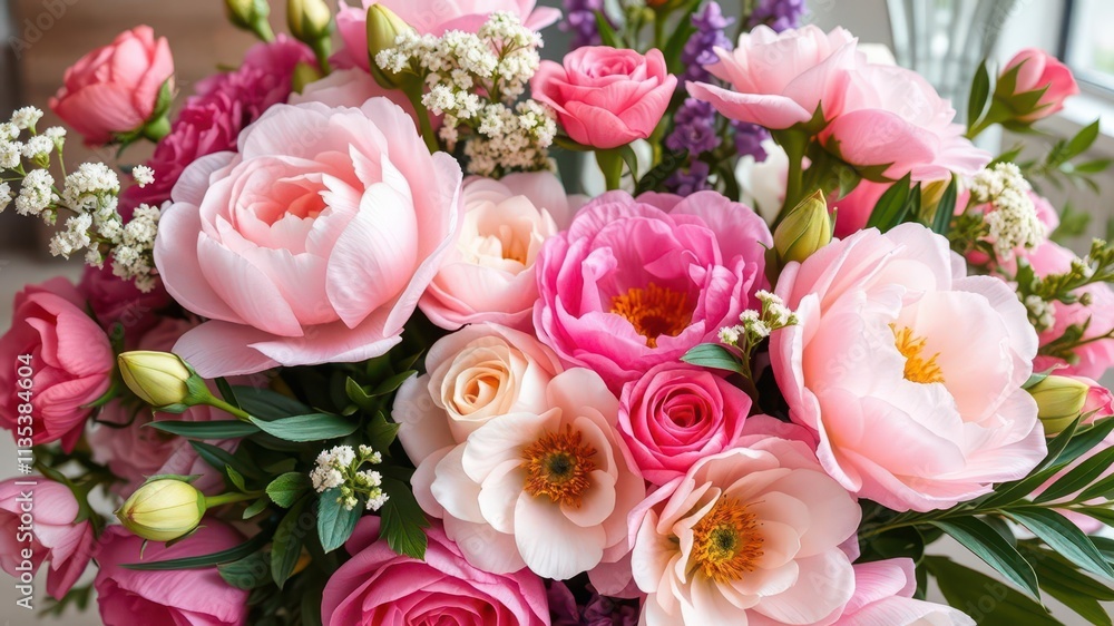A beautiful arrangement of fresh pink peonies and roses with space for text, petals, bouquet A beautiful arrangement of fresh pink peonies and roses with space for text, petals, bouquet