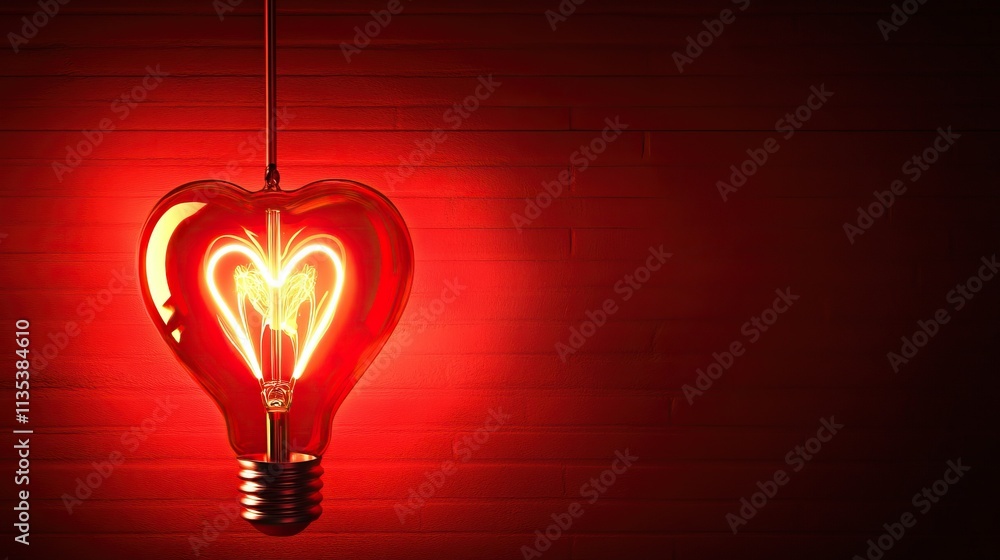 Heart-shaped light bulb illuminating red wall with warm glow, symbolizing love and romance, valentine's day concept Heart-shaped light bulb illuminating red wall with warm glow, symbolizing love and romance, valentine's day concept