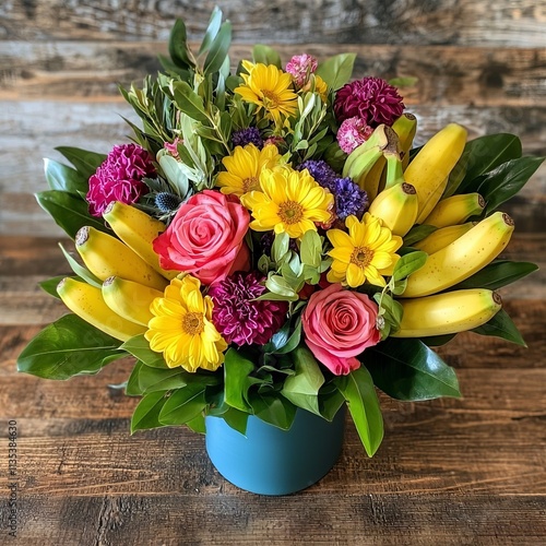 Wallpaper Mural Vibrant Floral Arrangement with Bananas in Teal Box Torontodigital.ca