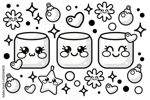 Cute vector outline marshmallow in kawaii cutie style for coloring page. Vector doodle illustration for coloring book, clipart for children, kids. For printable children's and adults coloring page