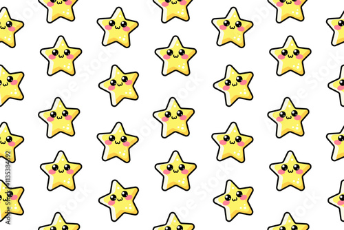 Seamless pattern with cute kawaii outline stars. Vector clipart for baby, kids game. Kawaii characters for children fabric isolated on white background