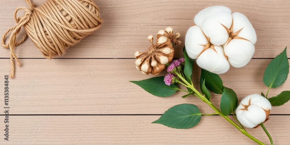 A flat lay composition of natural and organic elements on a wooden background, including green leaves, cotton, jute twine, and dried flowers, natural, flat lay A flat lay composition of natural and organic elements on a wooden background, including green leaves, cotton, jute twine, and dried flowers, natural, flat lay