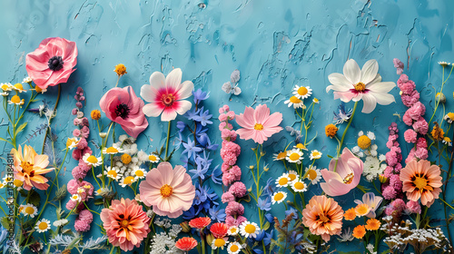 Vibrant Wildflower Meadow: A breathtaking array of wildflowers in vibrant hues—including poppies, cosmos, and daisies—arranged against a textured blue backdrop.