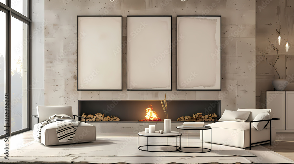 Cozy Living Room with Fireplace: A modern, minimalist living room with a sleek fireplace crackling with warmth, inviting you to relax and unwind. Cozy Living Room with Fireplace: A modern, minimalist living room with a sleek fireplace crackling with warmth, inviting you to relax and unwind.