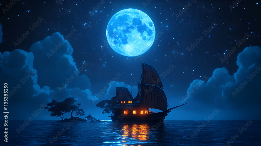A sailing ship at night under a bright blue moon A sailing ship at night under a bright blue moon