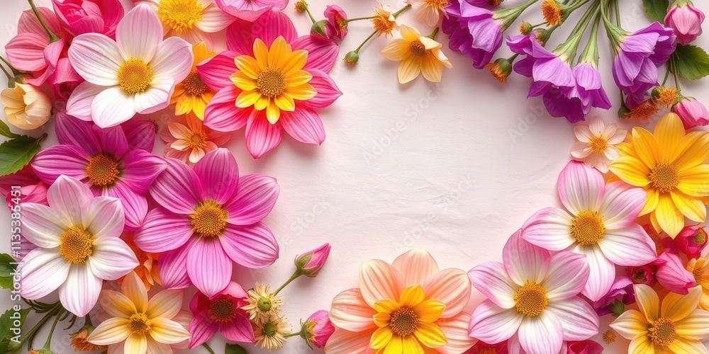 Colorful spring flowers blooming on a textured paper background, blooming, vivid, flowers Colorful spring flowers blooming on a textured paper background, blooming, vivid, flowers
